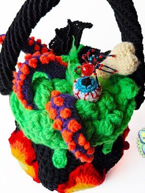 Handmade Crochet Halloween Cauldron Bag, Spooky Season Purse, Witch Fashion